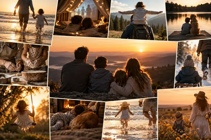 Warm candid family photographs arranged as a cinematic keepsake montage