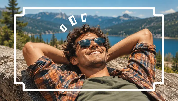 A cheerful video preview with a white frame drawn around a relaxed person