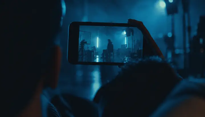 A filmmaker framing a scene on a camera screen in a dark blue studio