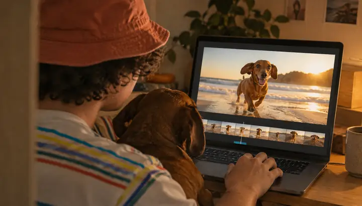 A person editing a warm video moment with a dog in a video preview