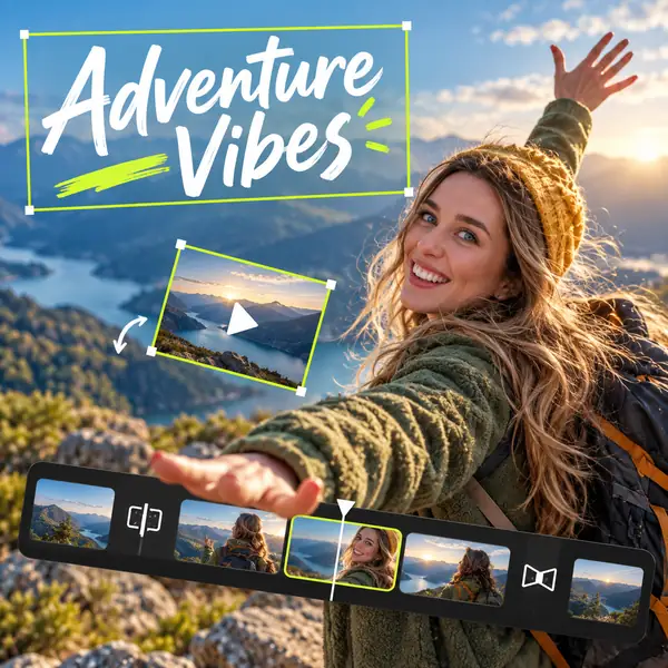 A smiling woman in an outdoor video preview with animated text and editing controls