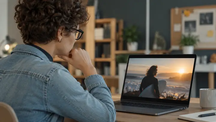 A thoughtful creator watching a video preview on a laptop screen