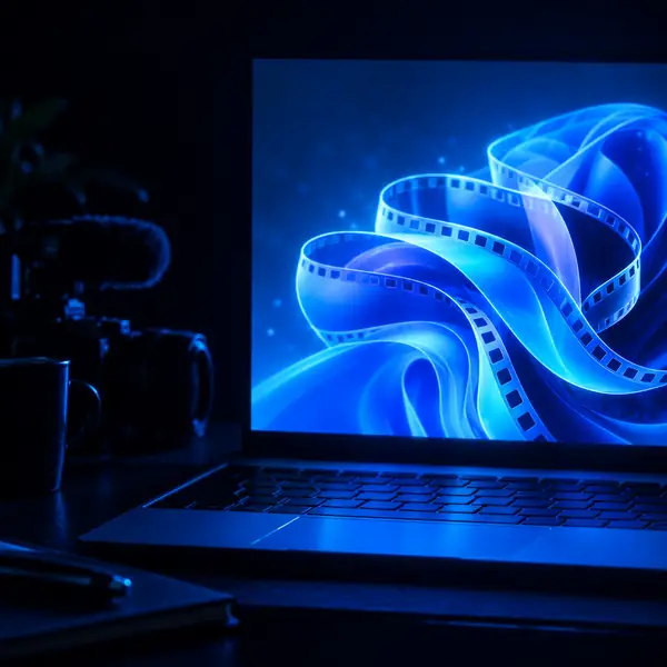 Blue-lit Windows laptop displaying a flowing abstract screen