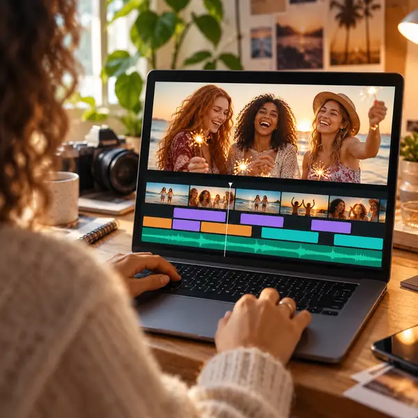 Video editing workspace with a preview of friends and colorful clips on a timeline